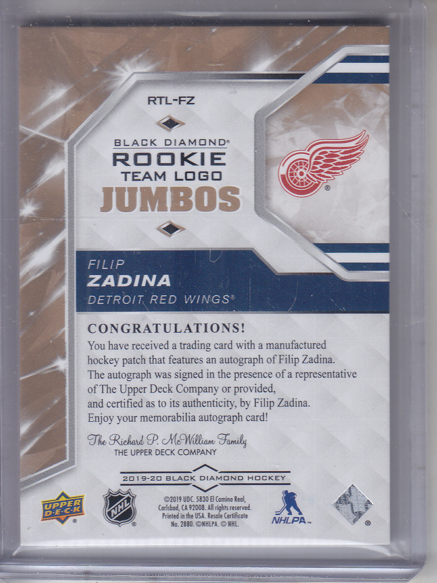 2019 20 Black Diamond Rookie Team Logo Jumbo Patch Autographs Alternate Logo Rtlfz Filip Zadina 99 Nm Mt