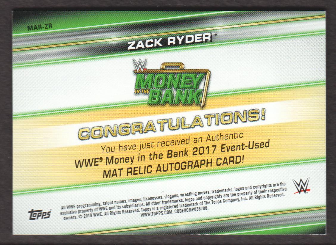 2019 Topps WWE Money in the Bank Autographed Mat Relics Black #MRAZR Zack Ryder back image