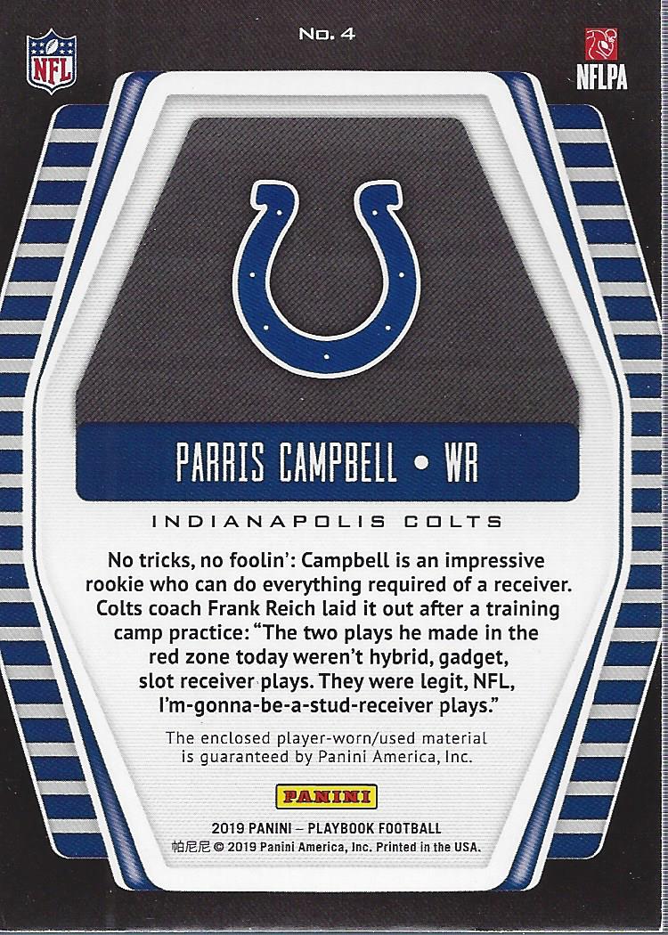 2019 Panini Playbook Hot Routes Jerseys Prime #4 Parris Campbell back image
