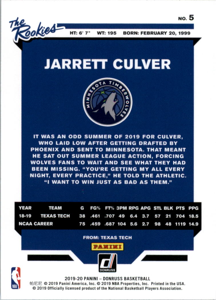 2019-20 Donruss The Rookies #5 Jarrett Culver back image