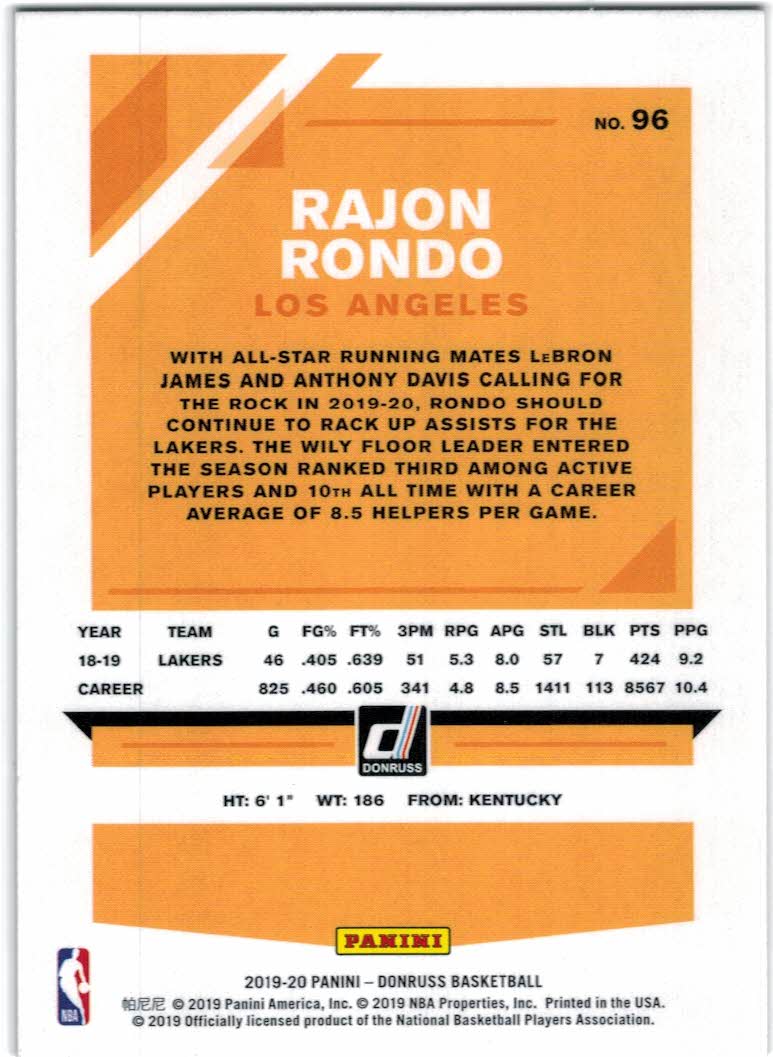 2019-20 Donruss #96 Rajon Rondo back image