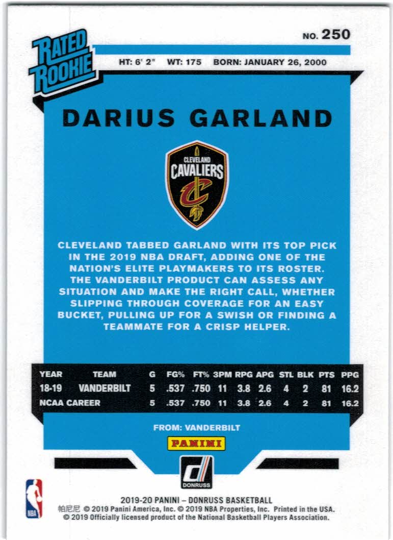2019-20 Donruss #250 Darius Garland RR RC back image