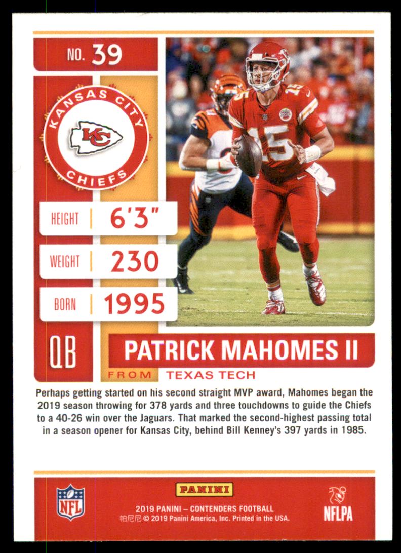 2019 Panini Contenders #39 Patrick Mahomes II Kansas City Chiefs Football  Card