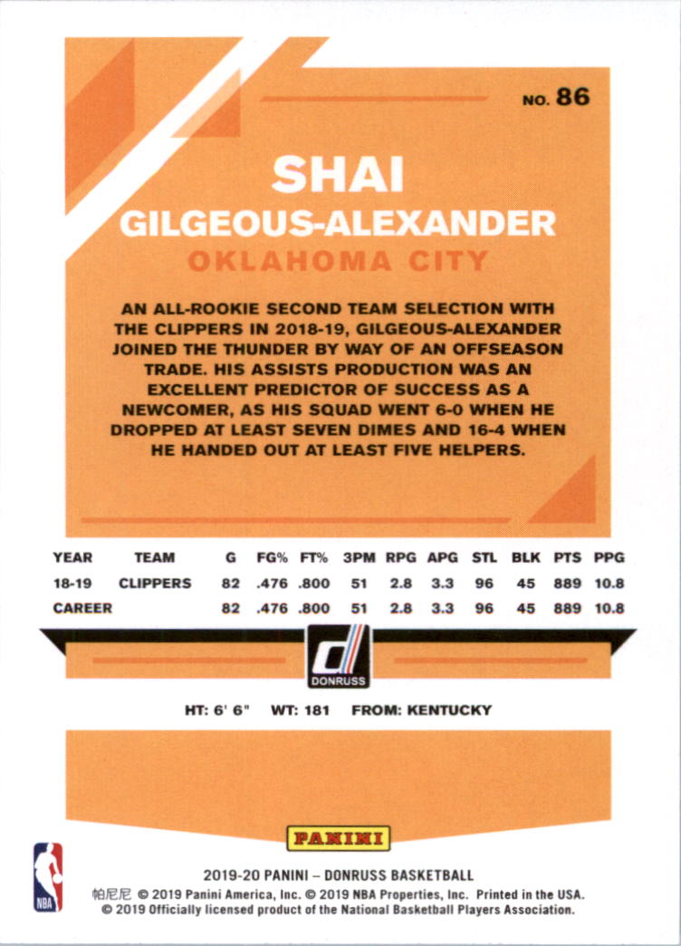 2019-20 Donruss #86 Shai Gilgeous-Alexander back image