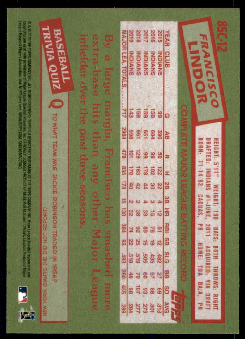 2020 Topps '85 Topps Silver Pack Chrome #85C12 Francisco Lindor