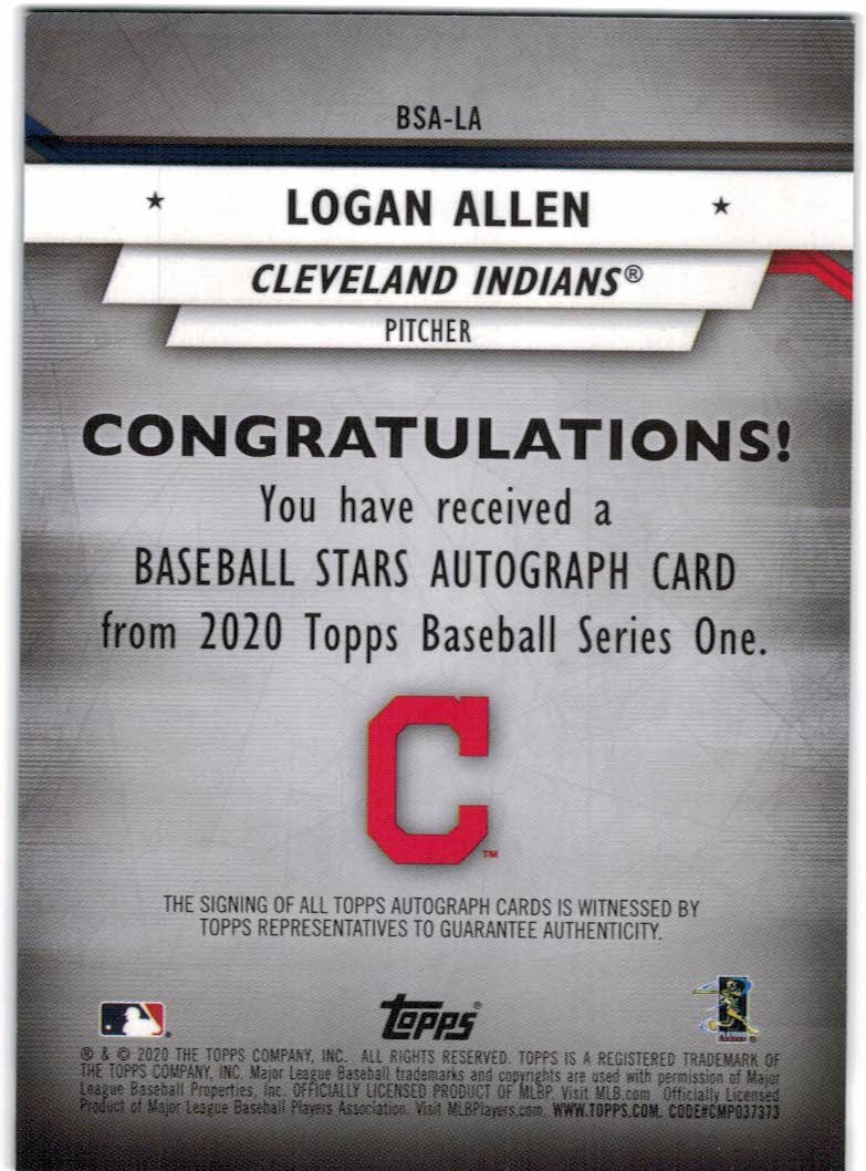 2020 Topps Baseball Stars Autographs Black #BSALA Logan Allen back image