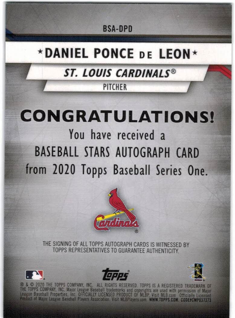 2020 Topps Baseball Stars Autographs #BSADPD Daniel Ponce de Leon back image