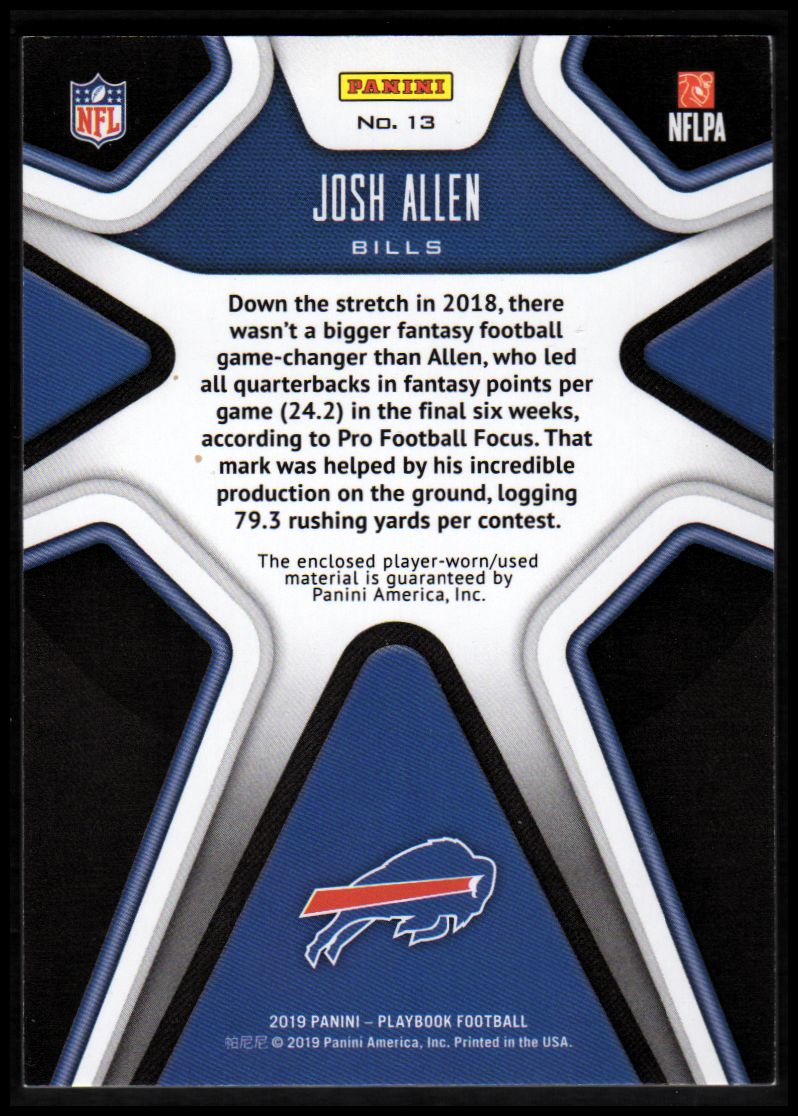 2019 Panini Playbook X's and O's Jerseys Prime #13 Josh Allen - 06/10 -  NM-MT