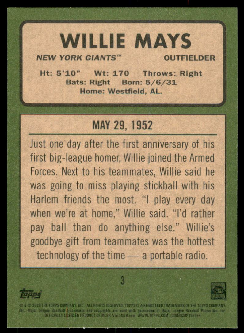 2020 Topps Heritage 20 Gigantic Seasons #3 Willie Mays