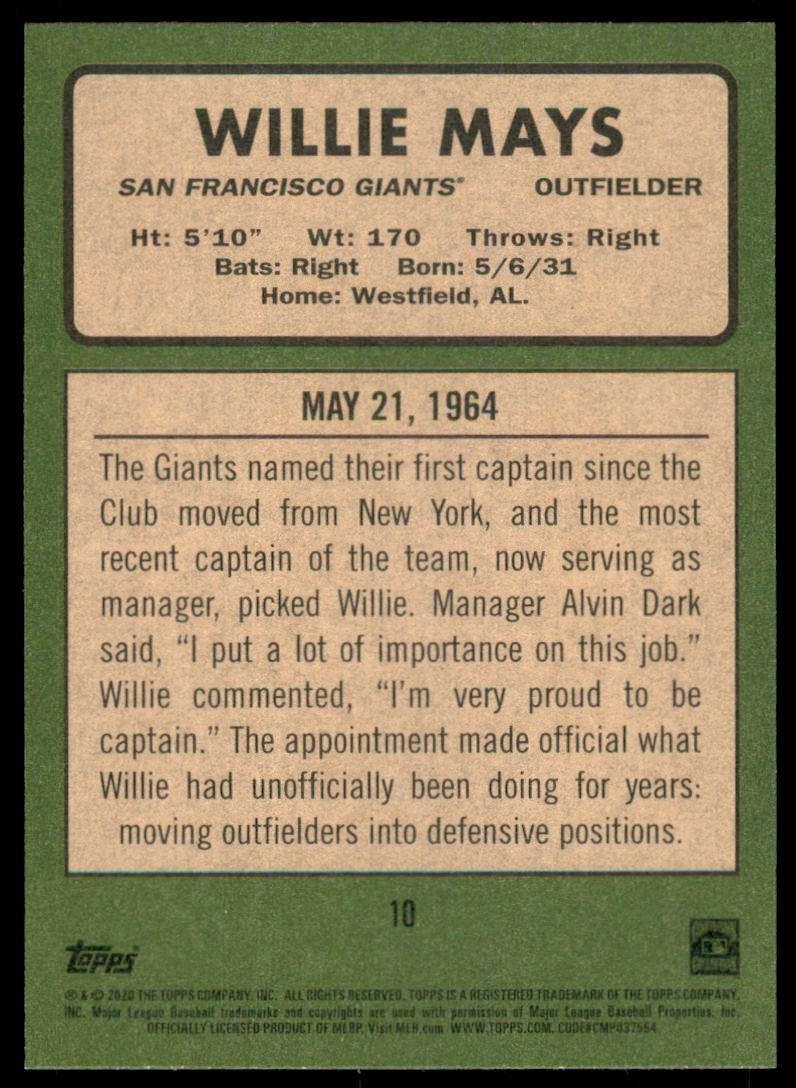 2020 Topps Heritage 20 Gigantic Seasons #10 Willie Mays