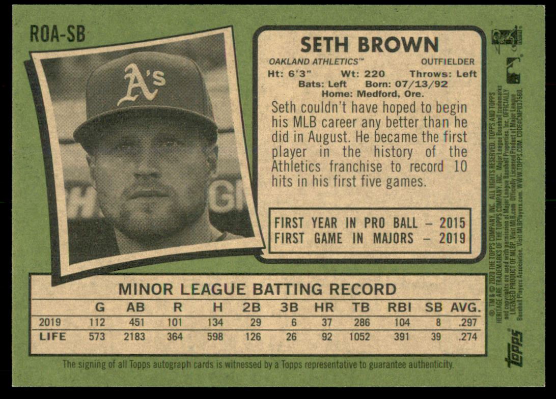 2020 Topps Heritage Real One Autographs #ROASB Seth Brown back image