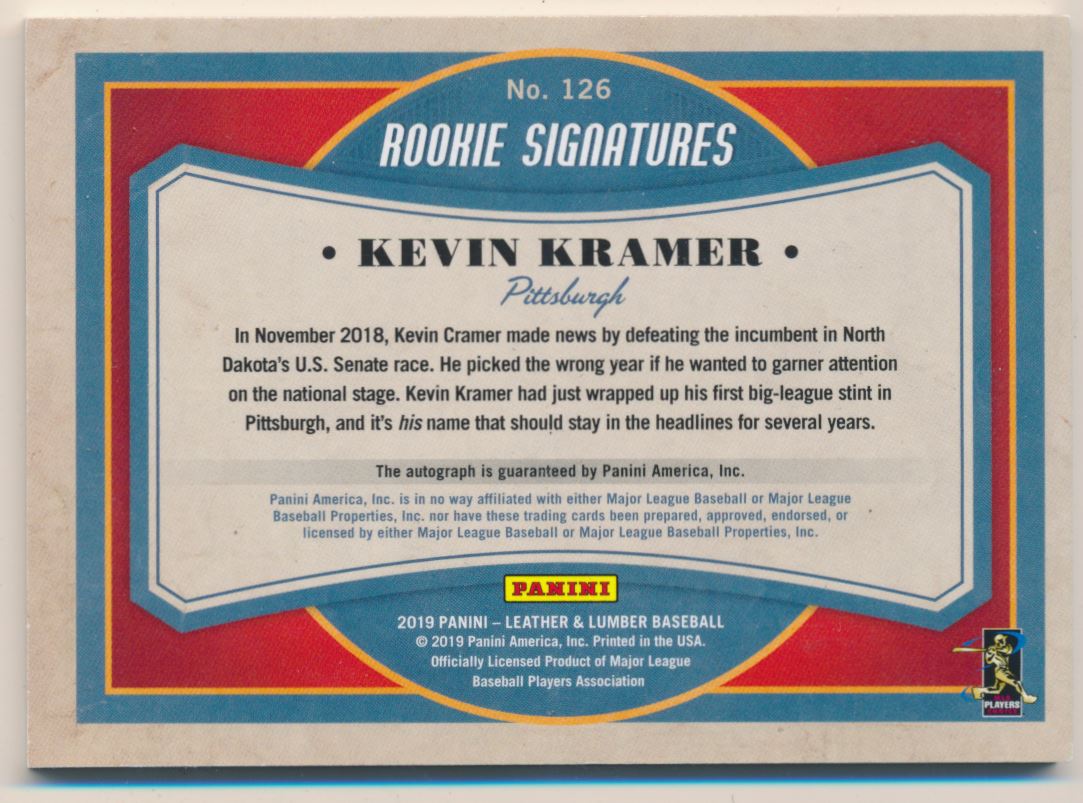 2019 Panini Leather and Lumber Rookie Baseball Signatures Blue #126 Kevin Kramer/99
