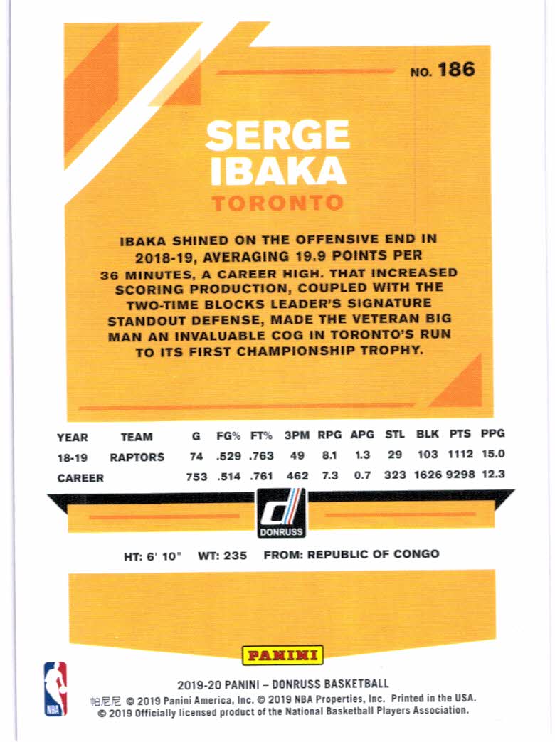 2019-20 Donruss Holo Green and Yellow Laser #186 Serge Ibaka back image