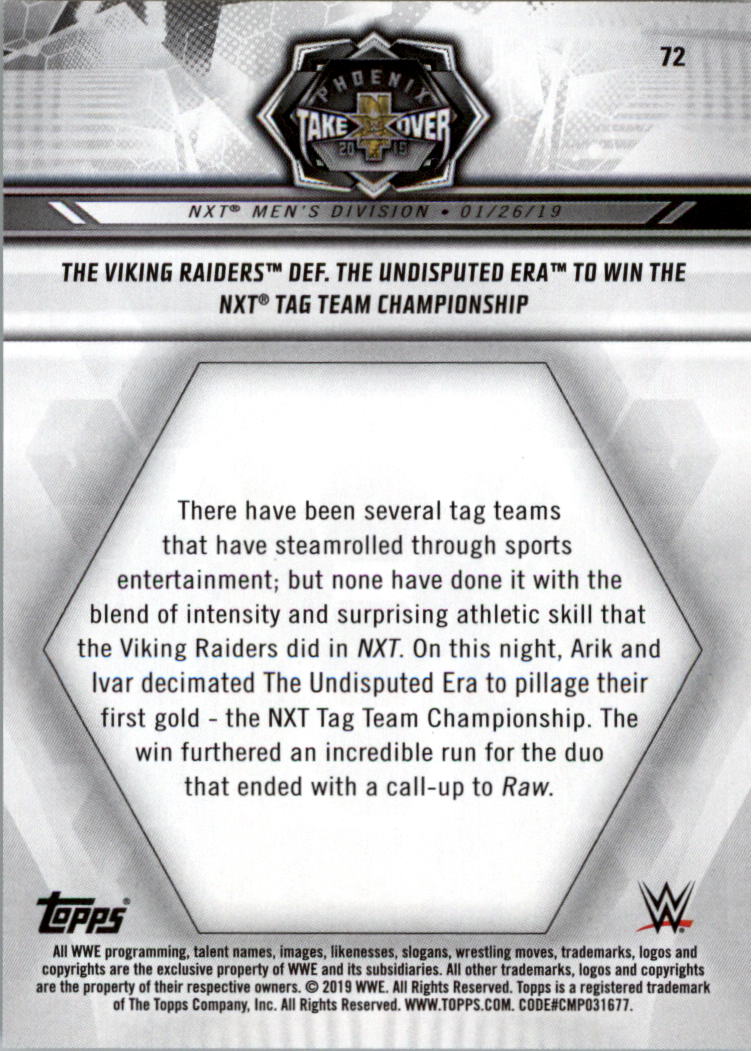 2019 Topps WWE NXT Blue #72 The Viking Raiders Def. The Undisputed Era to Win the NXT Tag Team Championship back image