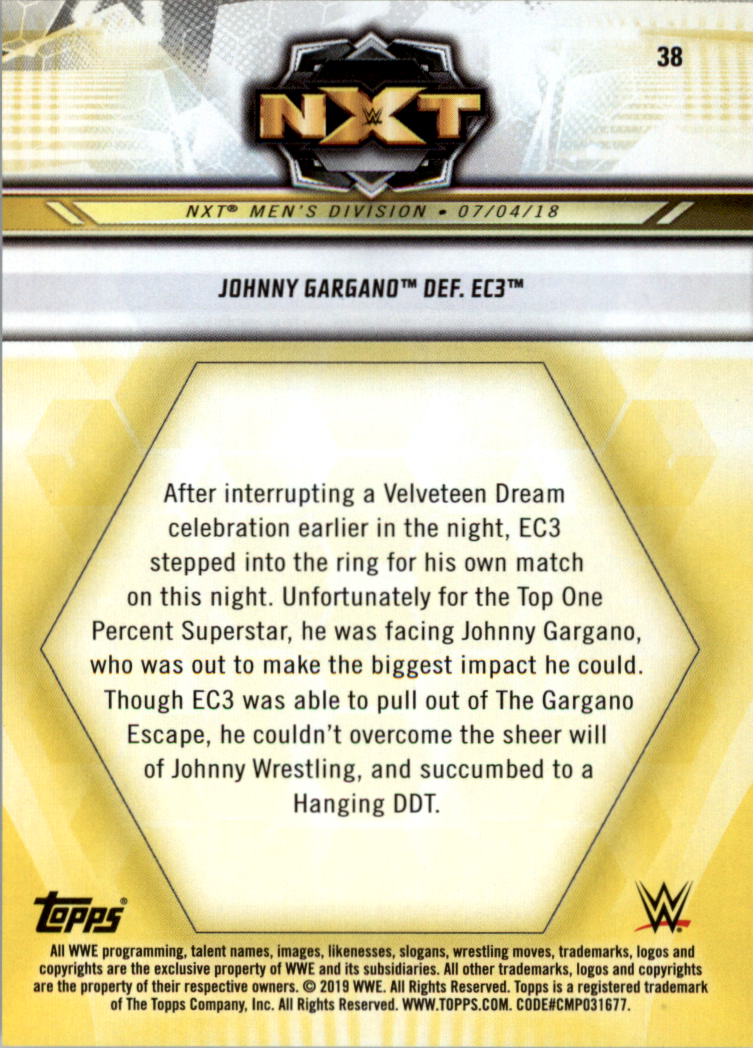 2019 Topps WWE NXT Gold #38 Johnny Gargano Def. EC3 back image