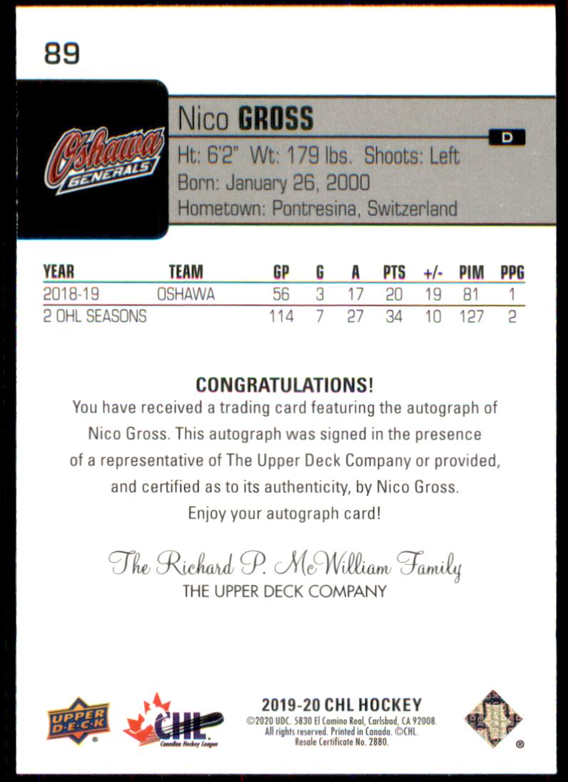 2019-20 Upper Deck CHL Autographs #89 Nico Gross B back image