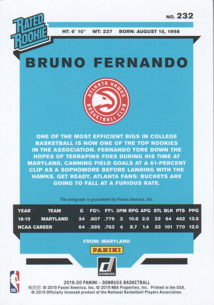 2019-20 Donruss Rated Rookies Signatures #232 Bruno Fernando back image