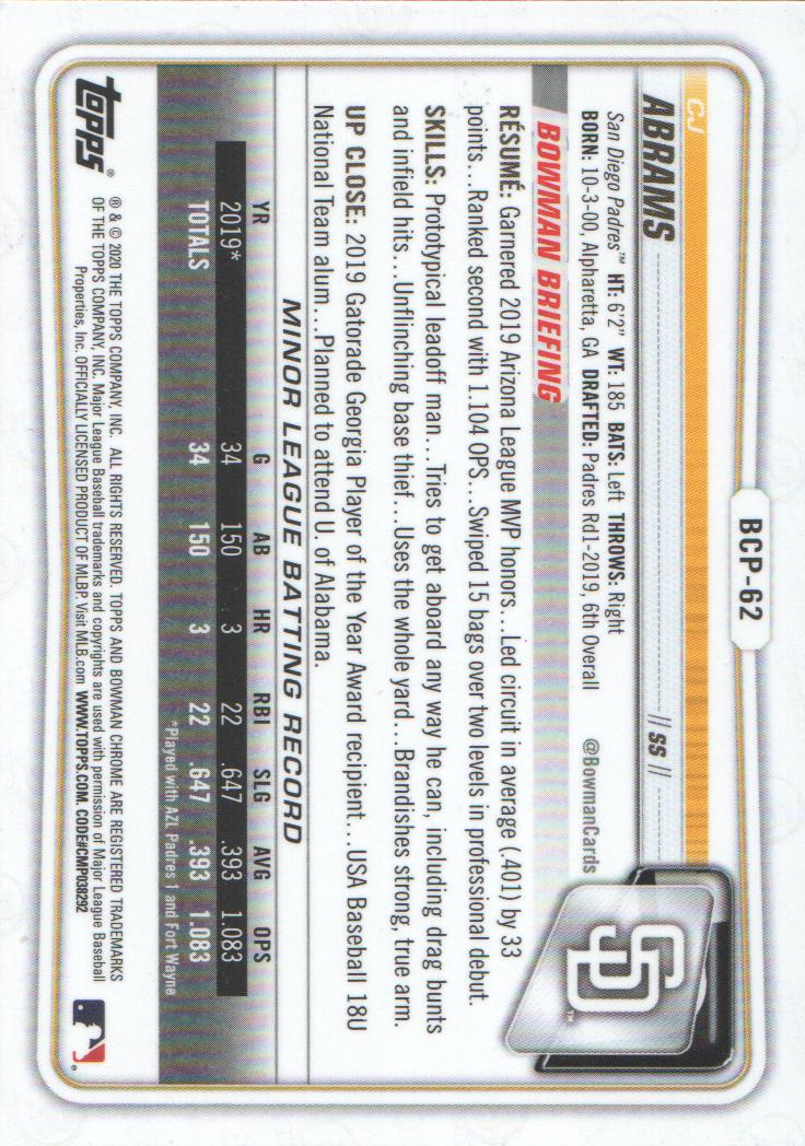 2020 Bowman Chrome Prospects Baseball BASE Cards: Pick from List - Picture 107 of 336