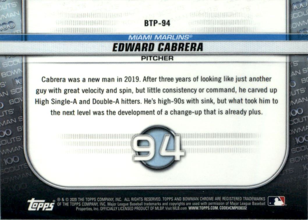2020 Bowman Chrome Scouts Top 100 #BTP94 Edward Cabrera