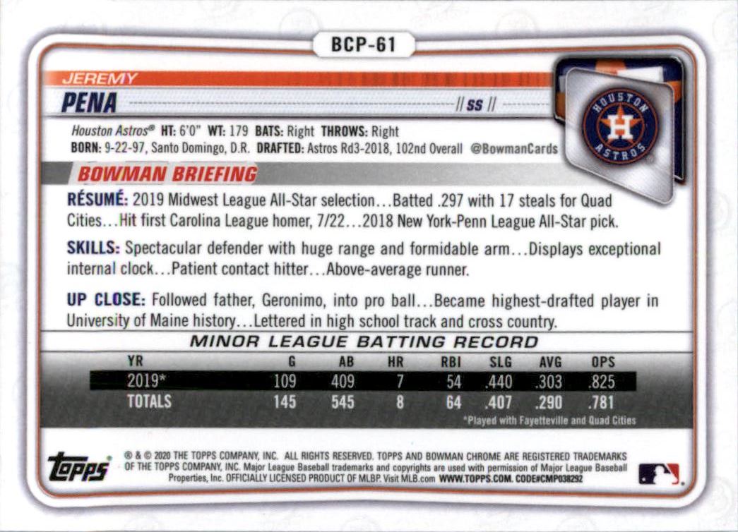 2020 Bowman Chrome Prospects #BCP61 Jeremy Pena