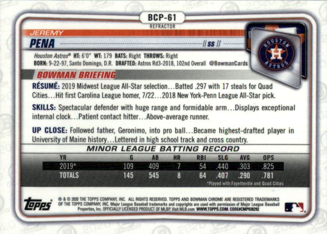 2020 Bowman Chrome Prospects Refractors #BCP61 Jeremy Pena