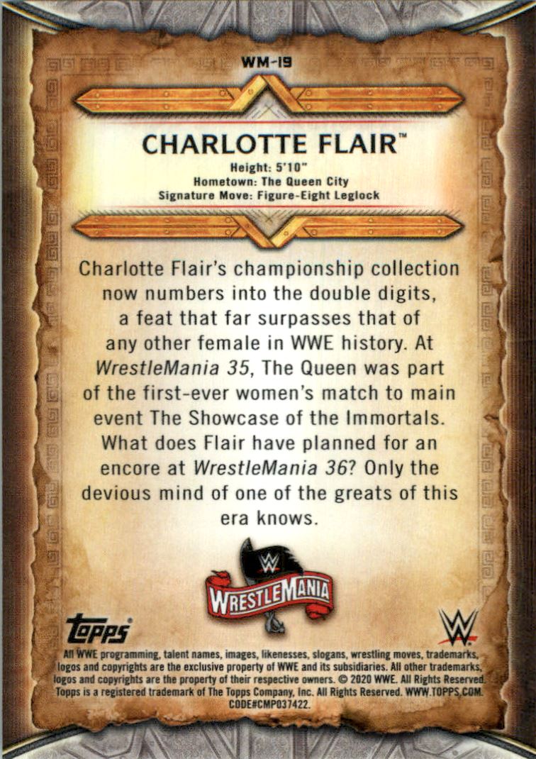 2020 Topps WWE Road to WrestleMania WrestleMania Roster #WM19 Charlotte Flair back image