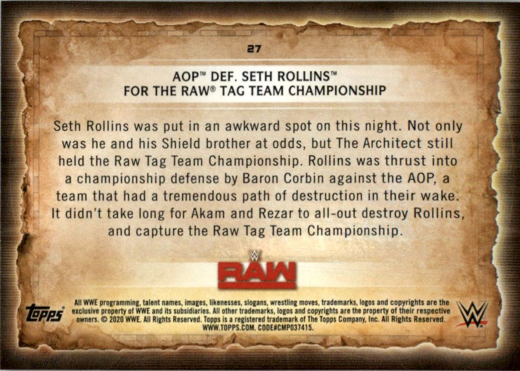2020 Topps WWE Road to WrestleMania #27 AOP Def. Seth Rollins for the Raw Tag Team Championship back image