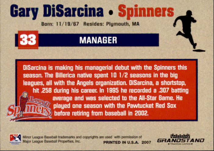 2007 Lowell Spinners Grandstand #9 Gary DiSarcina MG back image