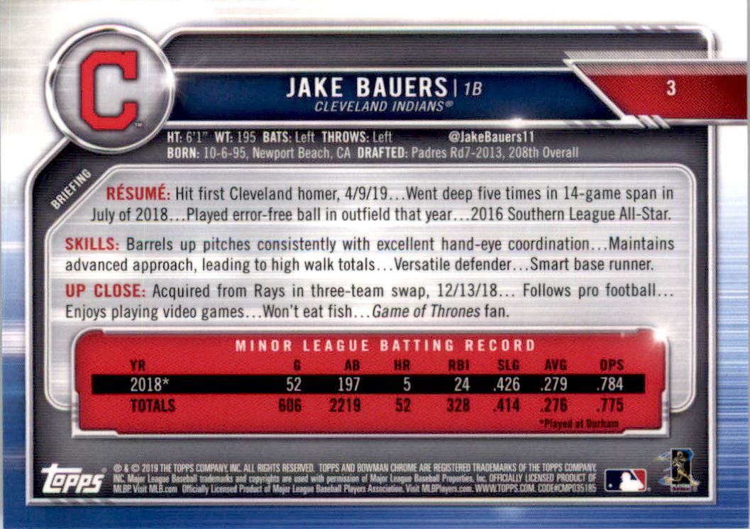 2019 Bowman Chrome Blue Refractors #3 Jake Bauers back image