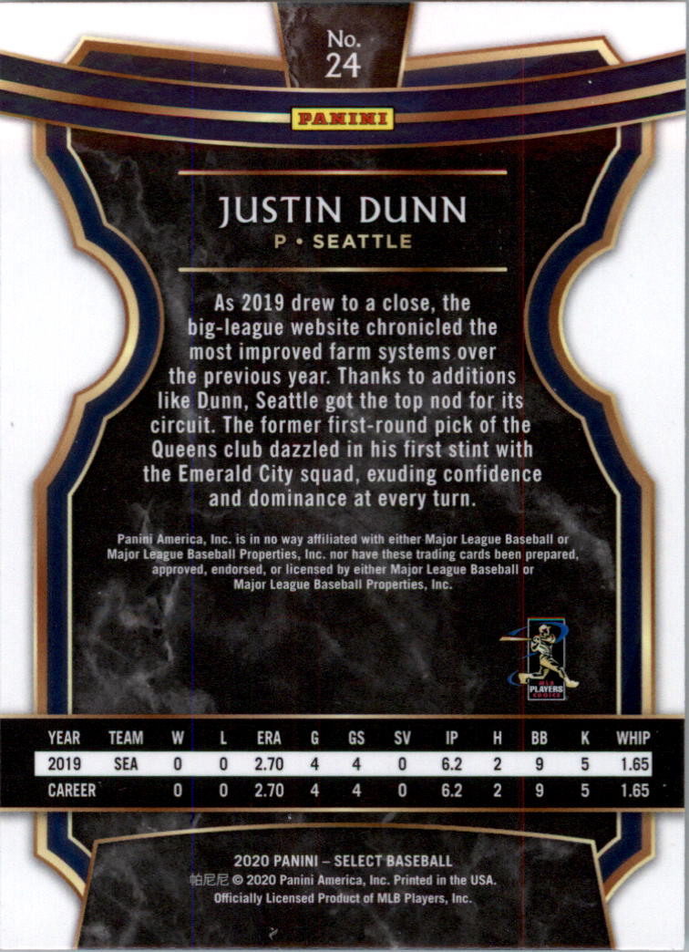 2020 Select #24 Justin Dunn RC back image