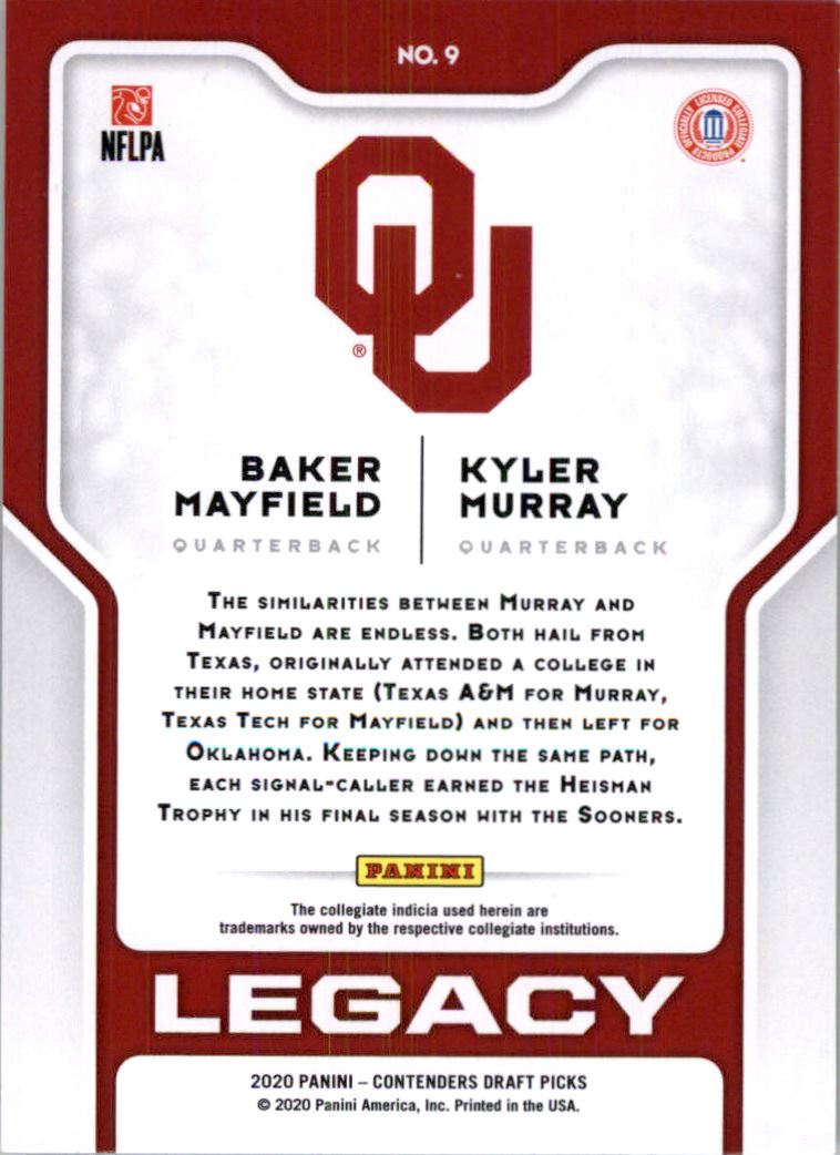 2020 Panini Contenders Draft Picks Legacy #9 Baker Mayfield/Kyler Murray