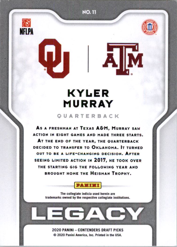2020 Panini Contenders Draft Picks Legacy #11 Kyler Murray