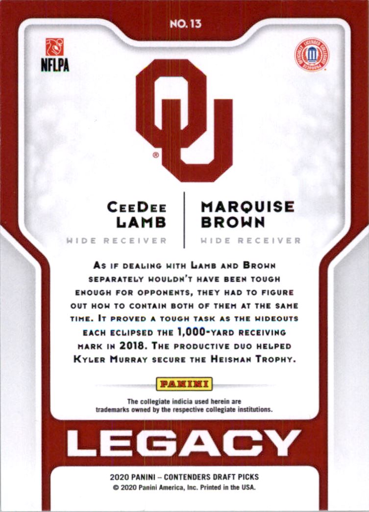 2020 Panini Contenders Draft Picks Legacy #13 CeeDee Lamb/Marquise Brown