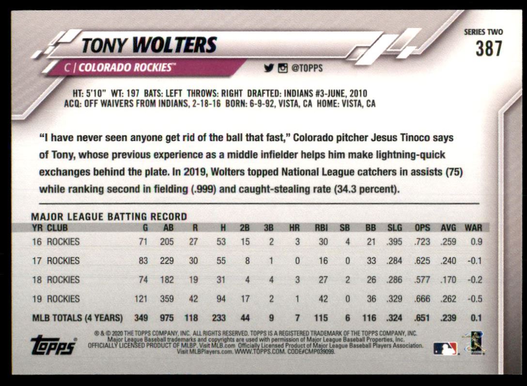 2020 Topps Tony Wolters #387 Colorado Rockies