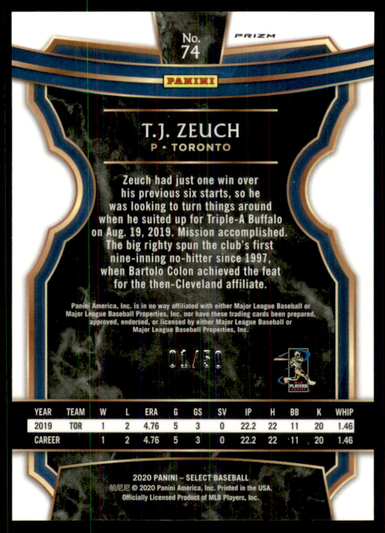 2020 Select Prizms White #74 T.J. Zeuch back image