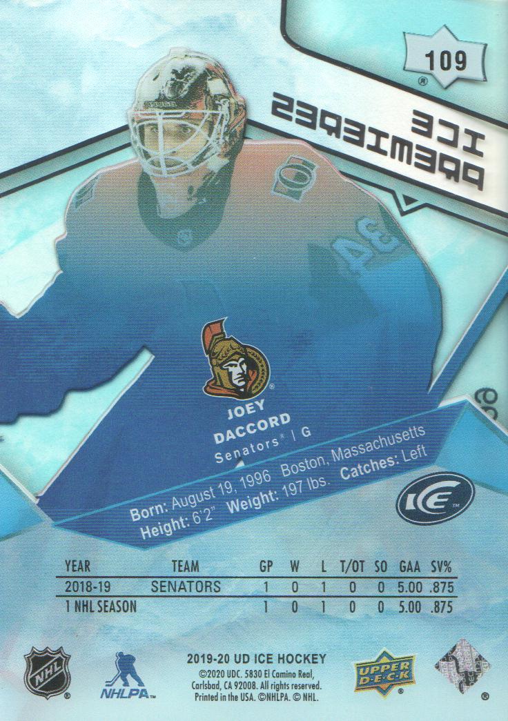 2019-20 Upper Deck Ice #109 Joey Daccord/499 RC back image