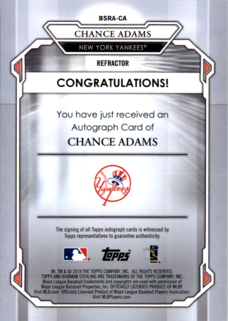 2019 Bowman Sterling Rookie Autographs Refractors #BSRACA Chance Adams
