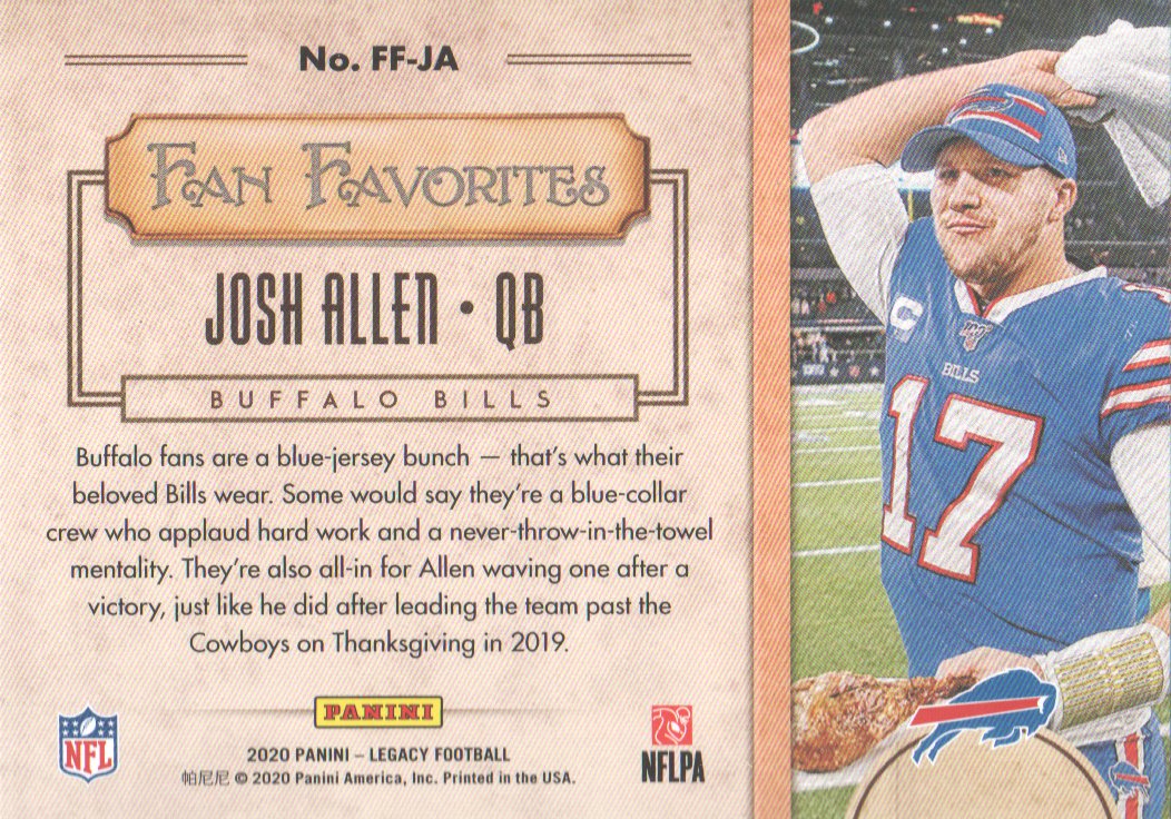 : 2020 Legacy Football Fan Favorites #7 Josh Allen Buffalo Bills  Official NFL Trading Card by Panini America : Collectibles & Fine Art