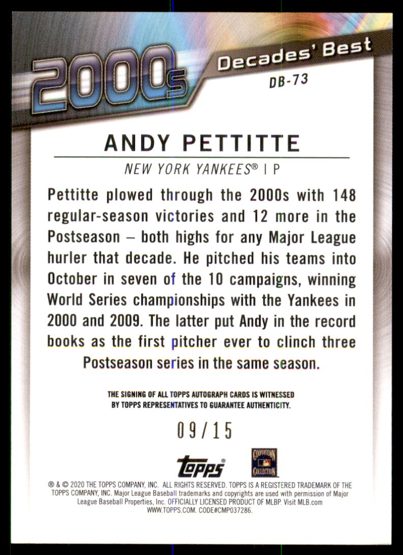 2020 Topps Decades' Best Autographs #DB73 Andy Pettitte/15 back image