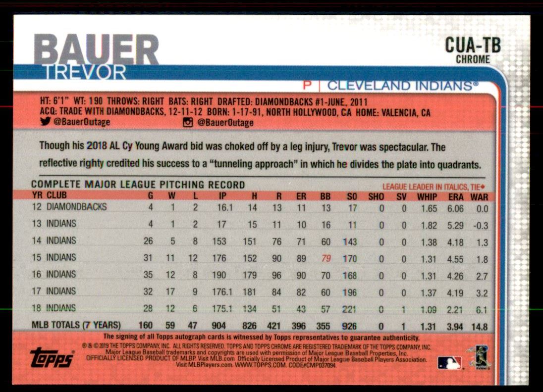 2019 Topps Chrome Update Autograph Refractors #CUATB Trevor Bauer