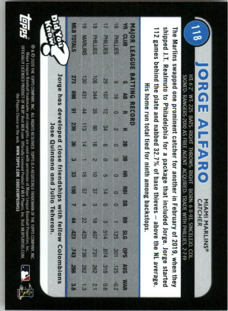  2020 Topps Big League #118 Jorge Alfaro Miami Marlins