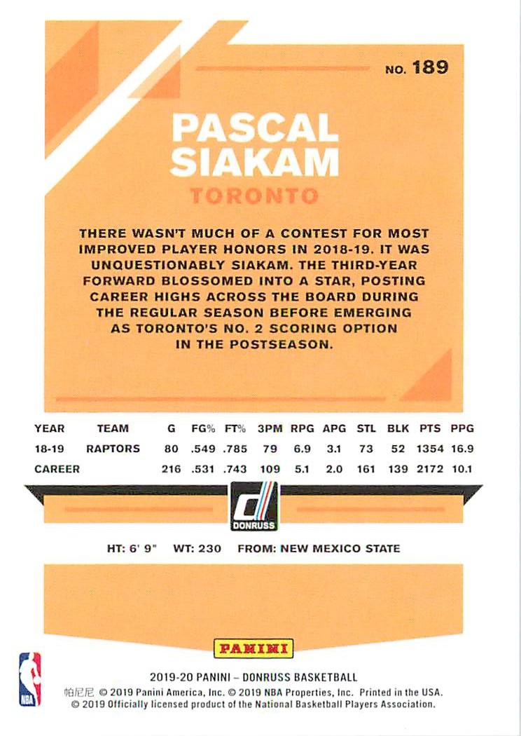 2019-20 Donruss Press Proof Silver #189 Pascal Siakam back image