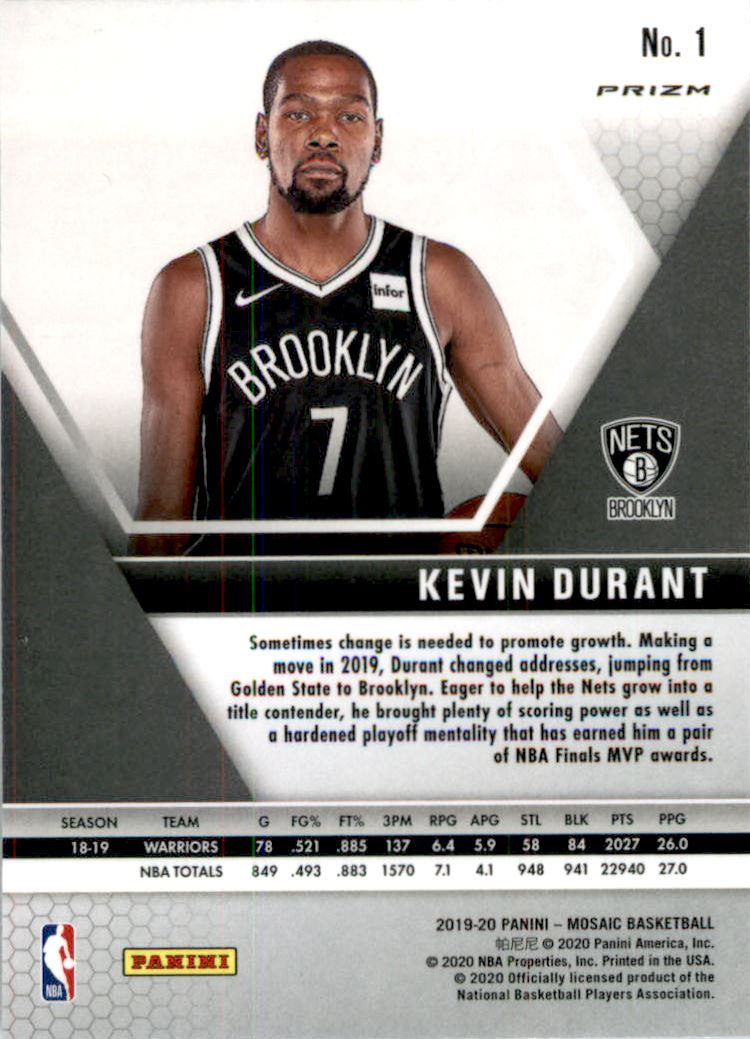 2019-20 Panini Mosaic Mosaic Blue Reactive #1 Kevin Durant