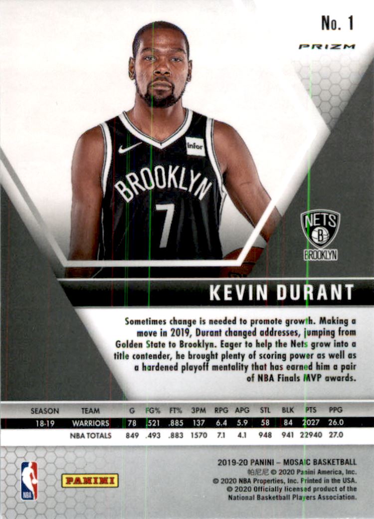 2019-20 Panini Mosaic Silver #1 Kevin Durant