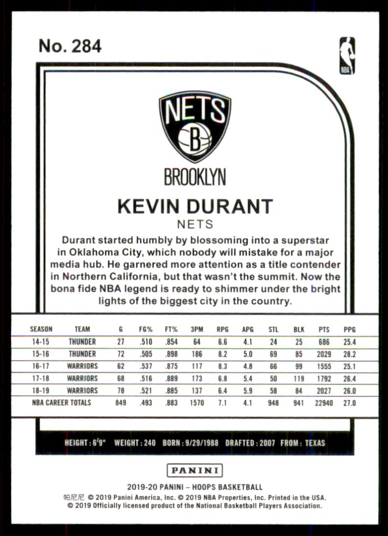 2019-20 Hoops Silver #284 Kevin Durant back image