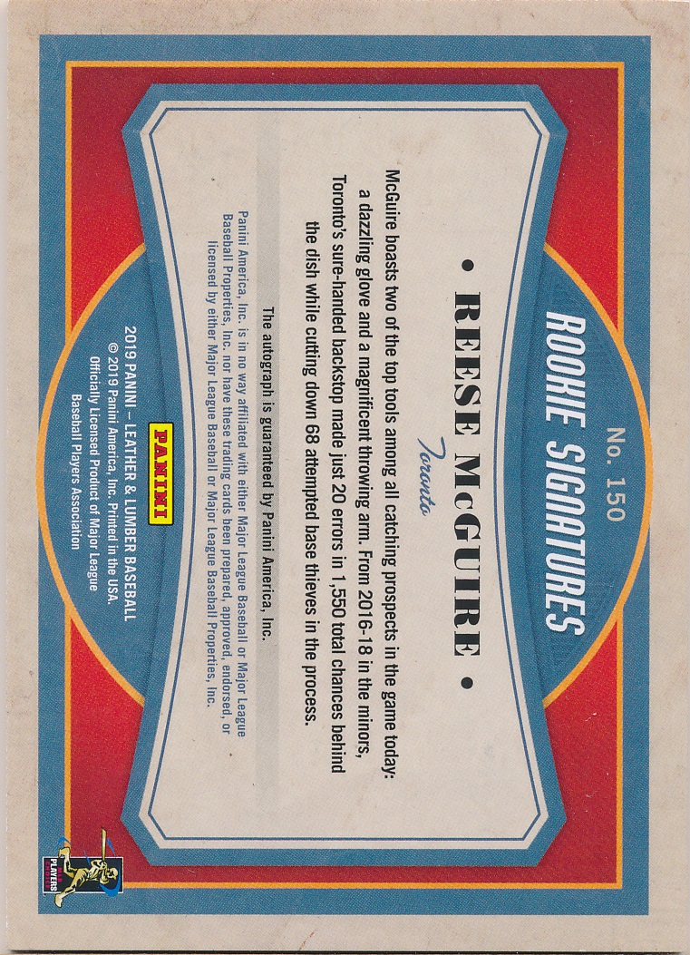 2019 Panini Leather and Lumber Rookie Baseball Signatures Light Blue #150 Reese McGuire/50