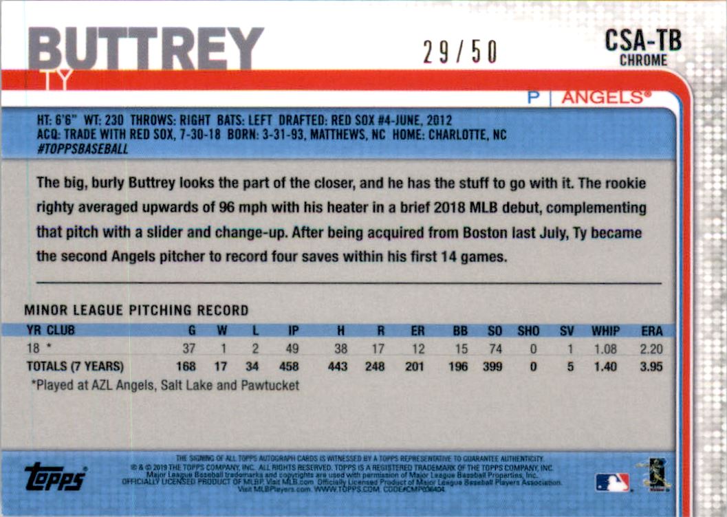 2019 Topps Chrome Sapphire Rookie Autographs Green #CSATB Ty Buttrey