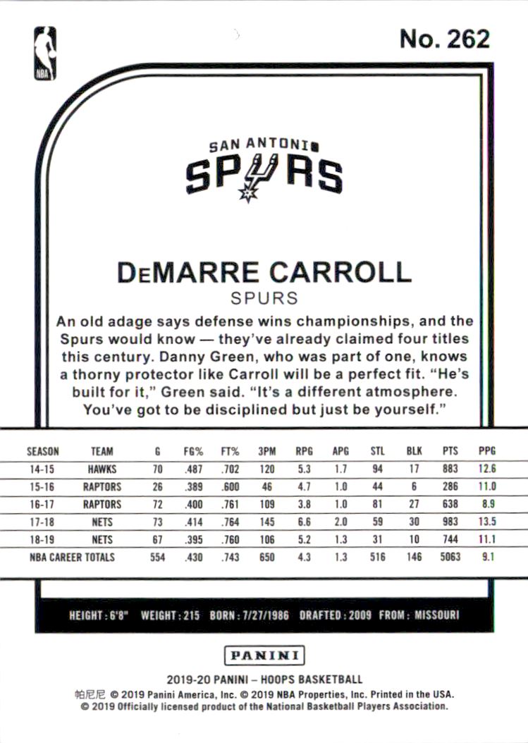 2019-20 Hoops Teal #262 DeMarre Carroll back image