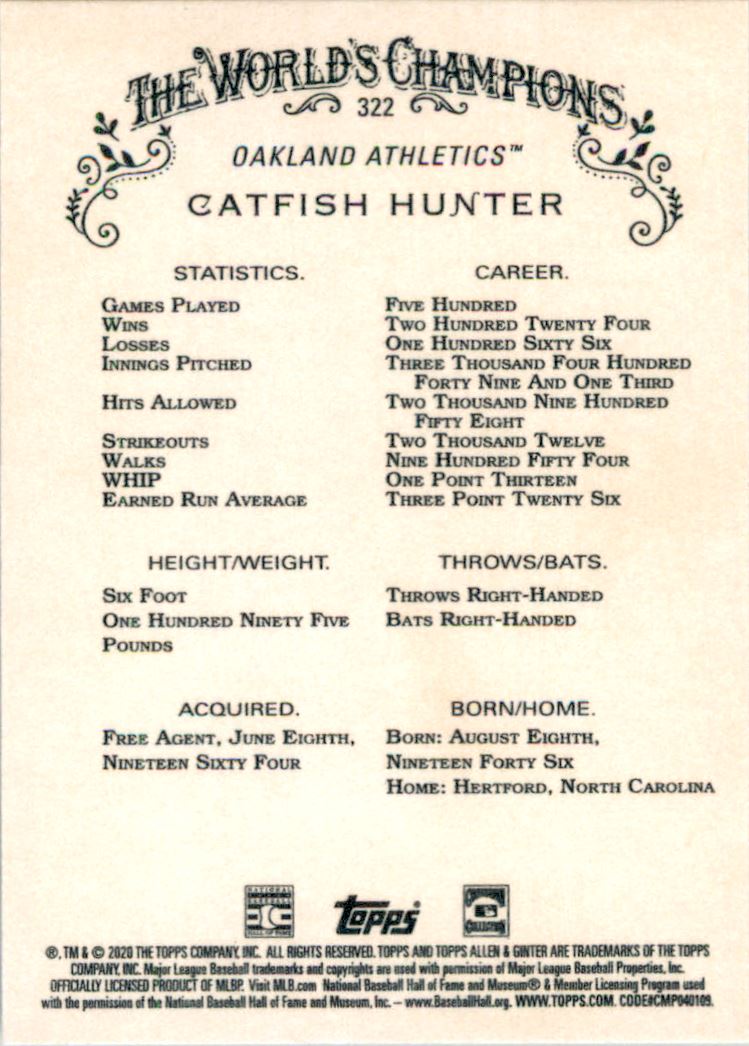 2020 Topps Allen and Ginter #322 Catfish Hunter SP