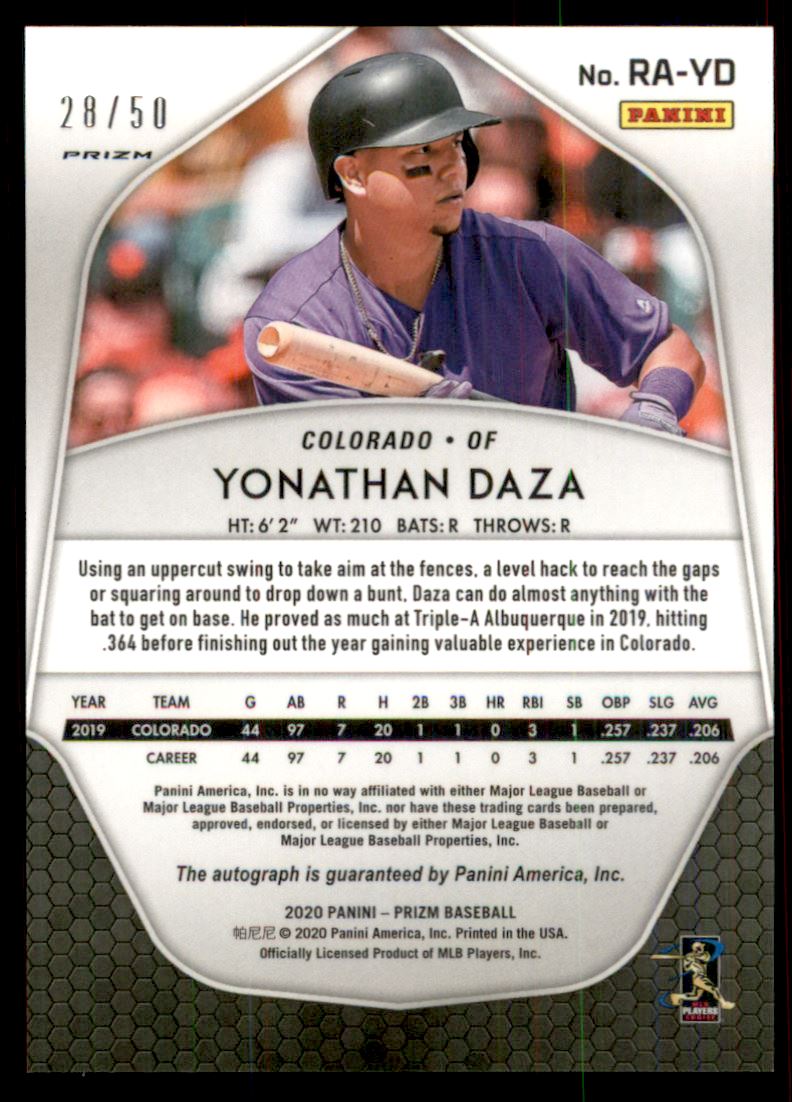 2020 Panini Prizm Rookie Autographs Prizms Red White and Blue #36 Yonathan Daza/50